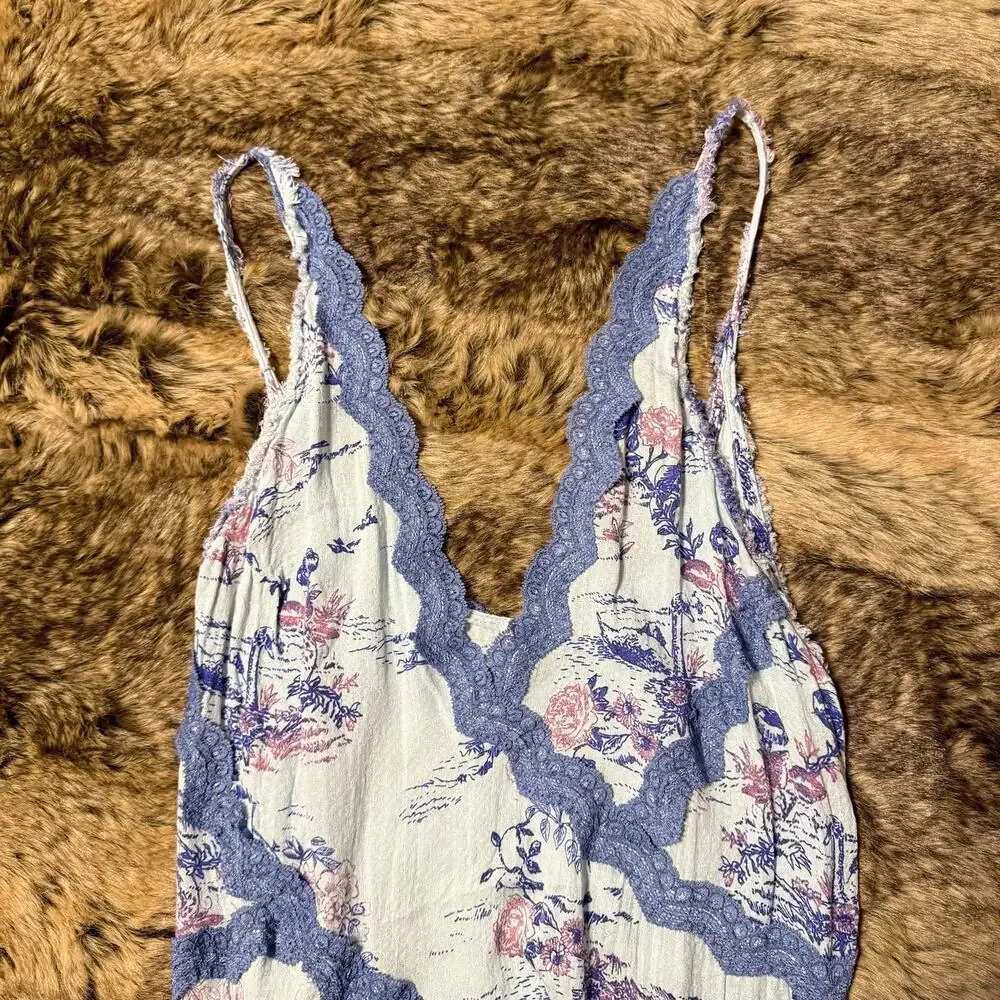 Free People Slip My Mind Trapeze Dress Blue Floral Lace Mini Size Small
